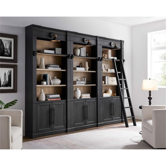 Pemberly Row 94"H 3-Unit Bookcase Wall with Ladder and Lighting in Black