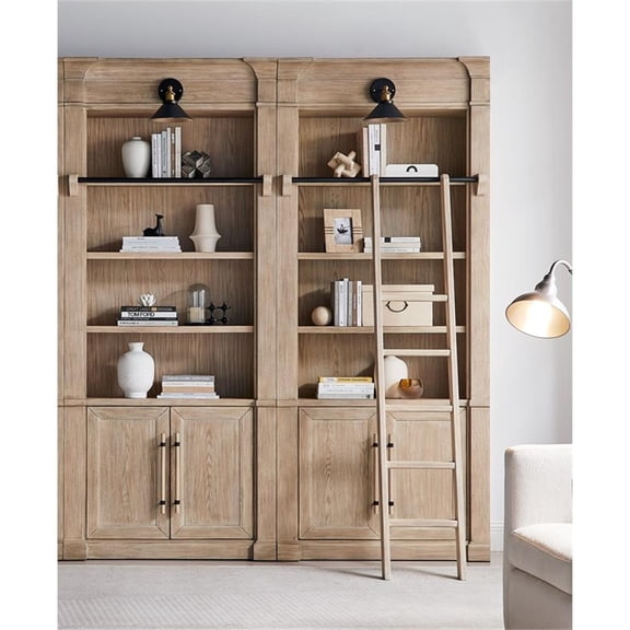Pemberly Row 94" Tall 2-Piece Bookcase Wall with Ladder and Lighting in Brown