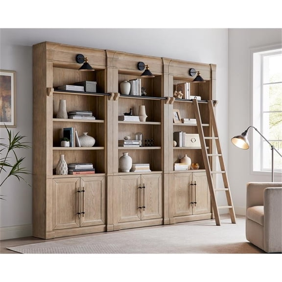 Pemberly Row 94" Tall 3-Piece Bookcase Wall with Ladder and Lighting in Brown