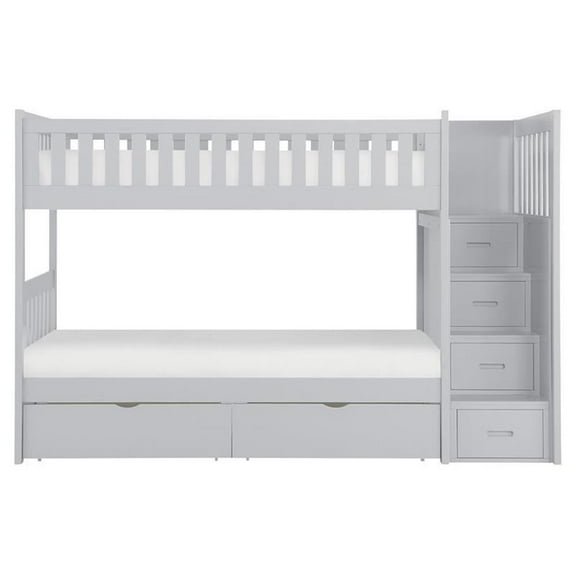Pemberly Row 97" Reversible Step Storage Wood Bunk Bed with Storage Box in Gray