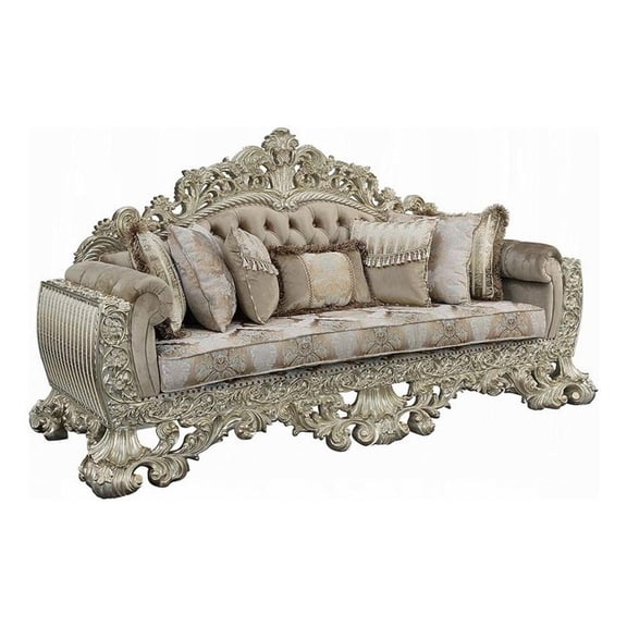 Pemberly Row 99 Inch Ornate Sofa with 7 Pillows and Tufted Back in Brown Velvet