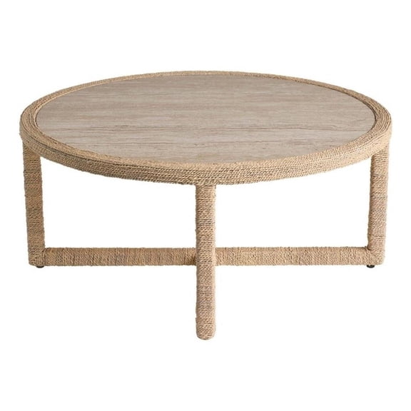 Pemberly Row Abaca Wrapped Cocktail Table with Travertine Top in Natural Tan