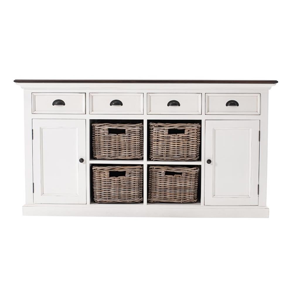 Halifax Solid Mahogany Wood Buffet in White with Hand-Woven Rattan Baskets