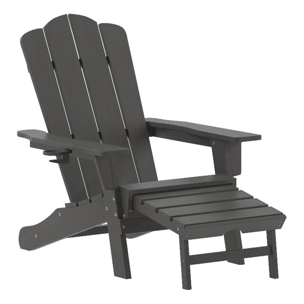 Pemberly Row Adirondack Chair with Pullout Ottoman & Cupholder in Gray
