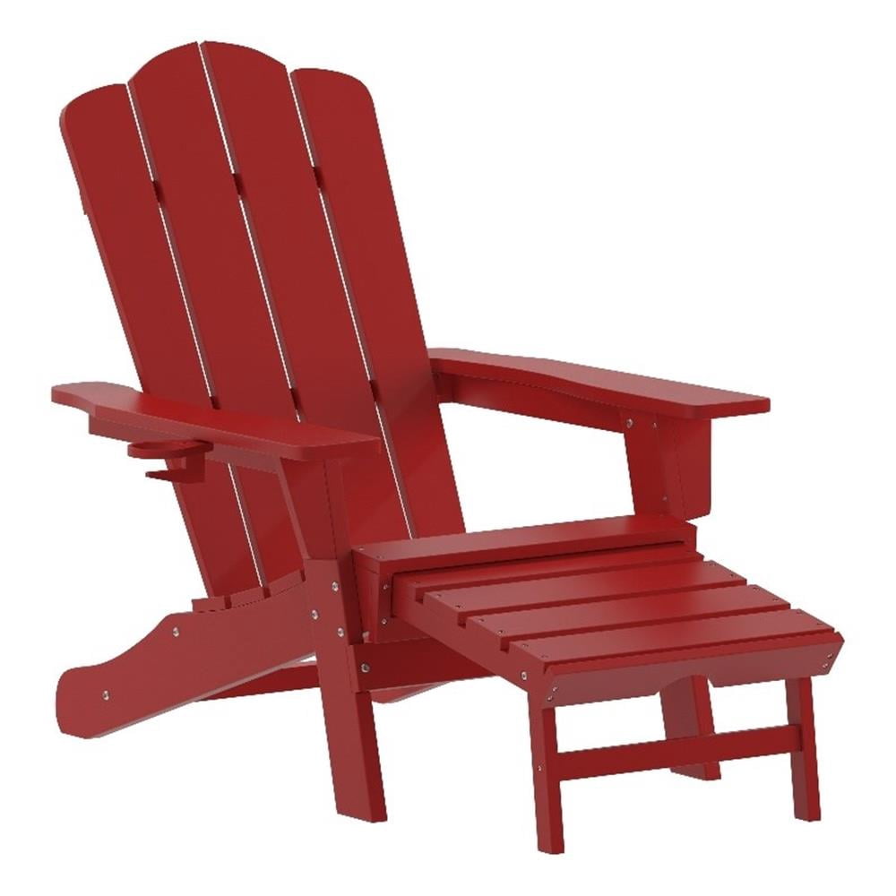 Pemberly Row Adirondack Chair with Pullout Ottoman & Cupholder in Red