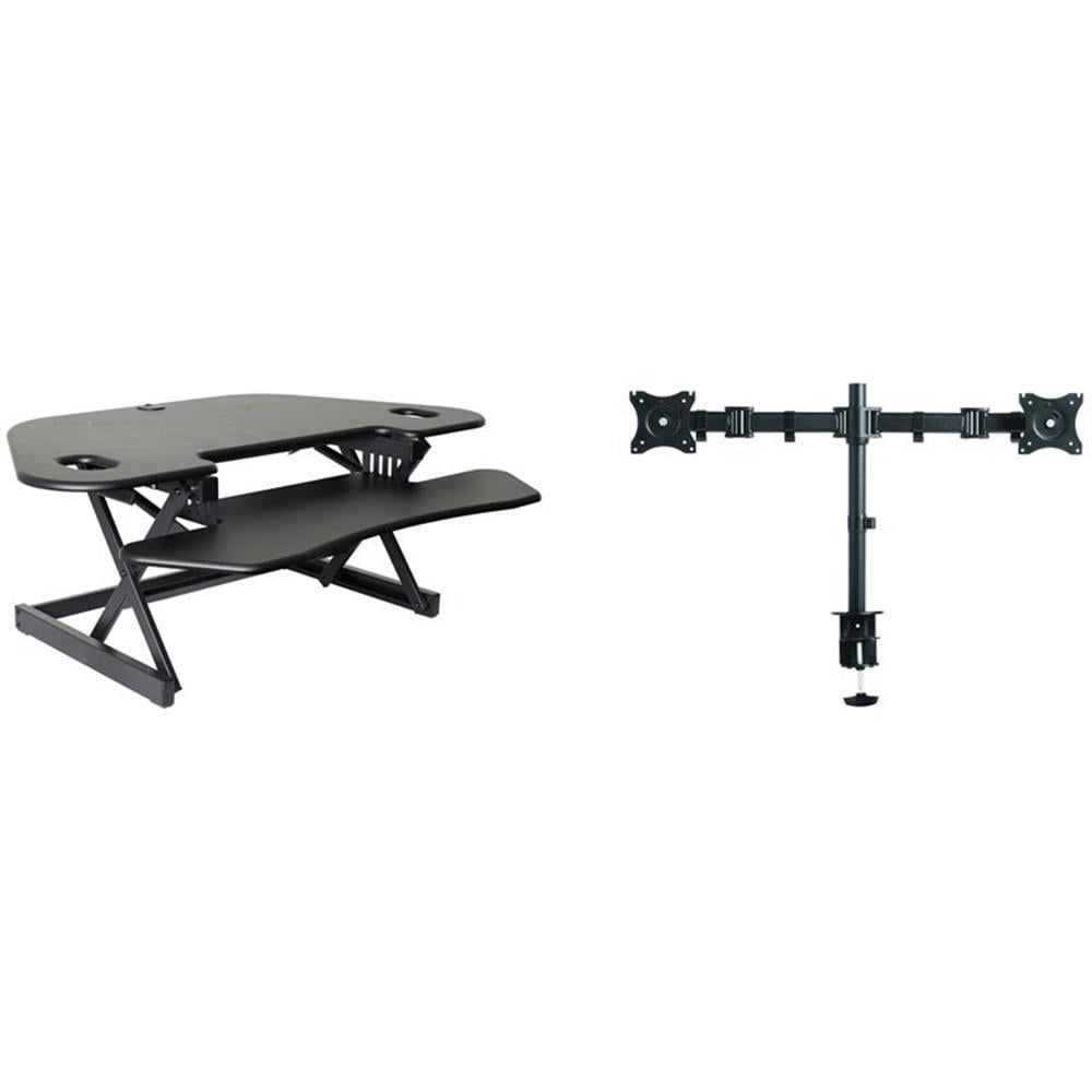 Pemberly Row Adj Corner Standing Desk Converter Dual Monitor Arm Bundle Black