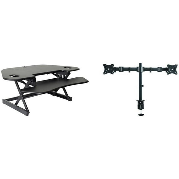 Pemberly Row Adj Corner Standing Desk Converter Dual Monitor Arm Bundle Black