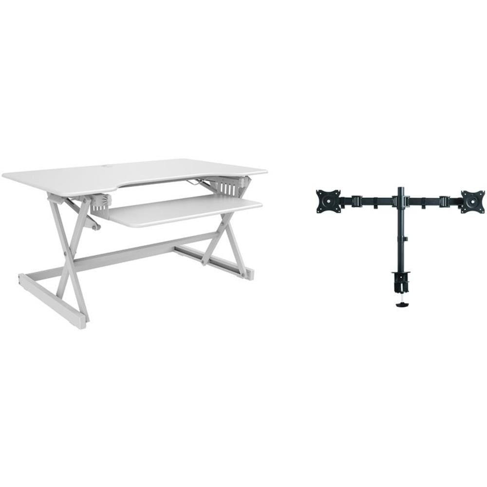 Pemberly Row Adjustable White Standing Desk Converter/Dual Monitor Mount Bundle