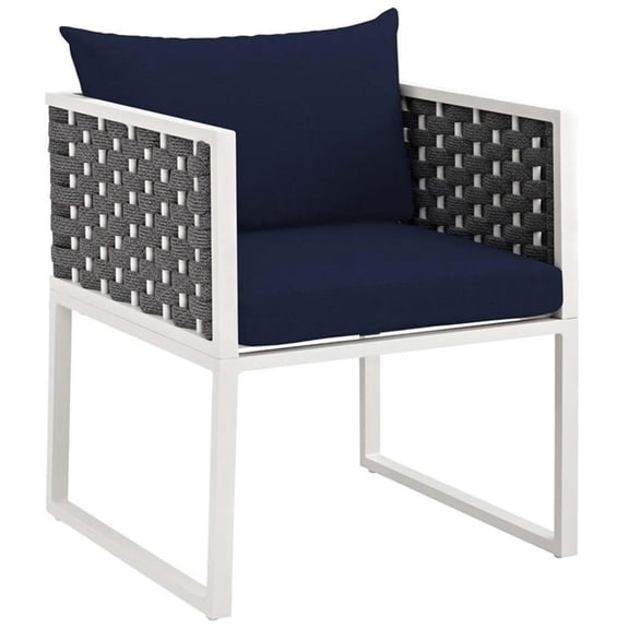 Pemberly Row Aluminum Patio Dining Armchair in White and Navy