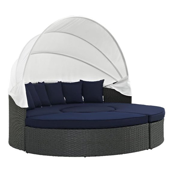 Pemberly Row Aluminum Rattan Fabric Patio Daybed in Canvas/Navy