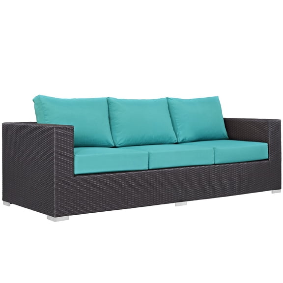 Pemberly Row Aluminum and Rattan Outdoor Patio Sofa in Espresso/Turquoise