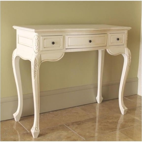Pemberley Row Hardwood Antique White Vanity Desk Rectangular Hand Carved 36.8" W x 16.5" D x 31" H