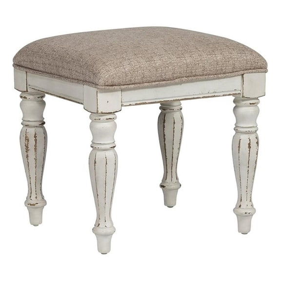 Pemberly Row Antique White Vanity Stool in Ivory Tweed Chenille
