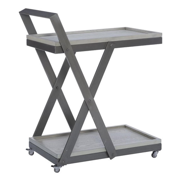 Pemberly Row Antique White Wood 2 Level Rolling Bar Cart Metal Frame in Pewter