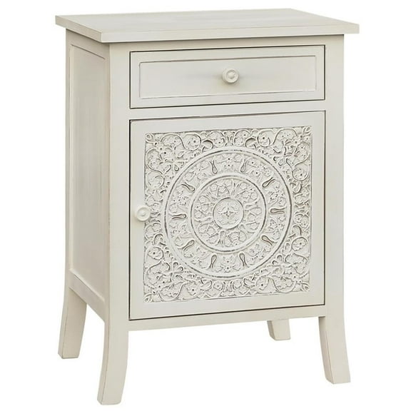 Pemberly Row Antiqued Carved Transitional Wood Side Table in White