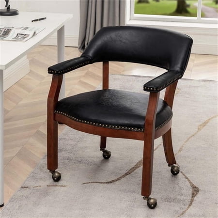 Pemberly Row Armchair with Wheels in Black Faux Leather Fabric