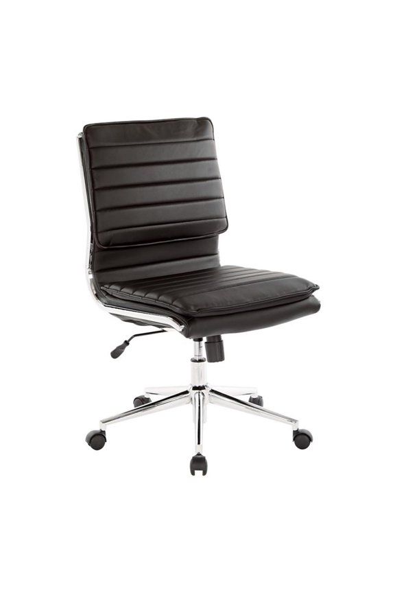 Armless Mid Back Faux Leather Chair in Black with Chrome Base