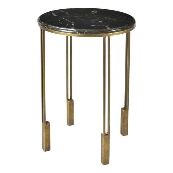 Pemberly Row Art Deco Cast Iron Side Table with Dark Gray Marble Top in Gold