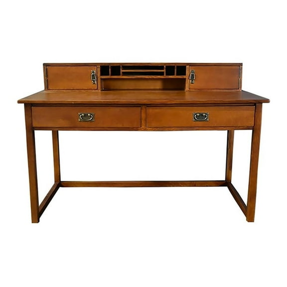 Pemberly Row Arts and Crafts Wood Library Table with Hutch in Cherry
