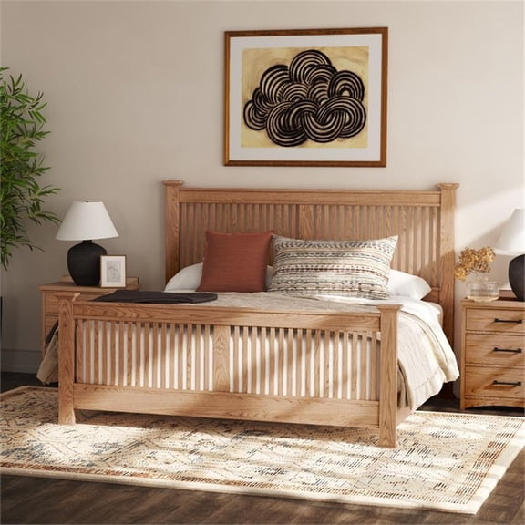 Pemberly Row Authentic Solid Oak Craftsman King Slat Bed in Taupe