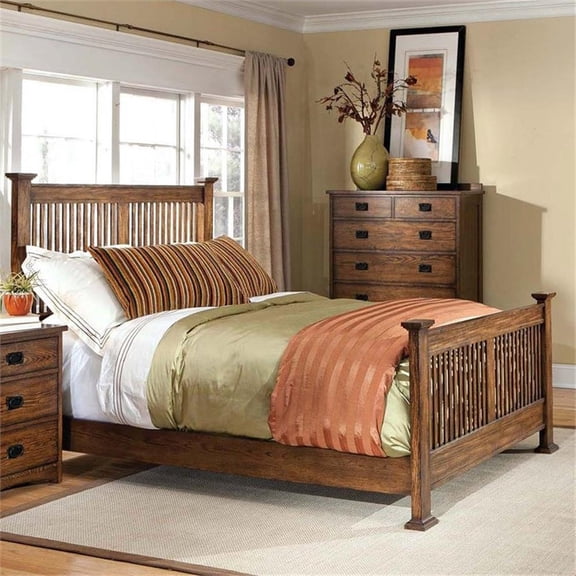 Pemberly Row Authentic Solid Oak Craftsman Queen Slat Bed in Mission