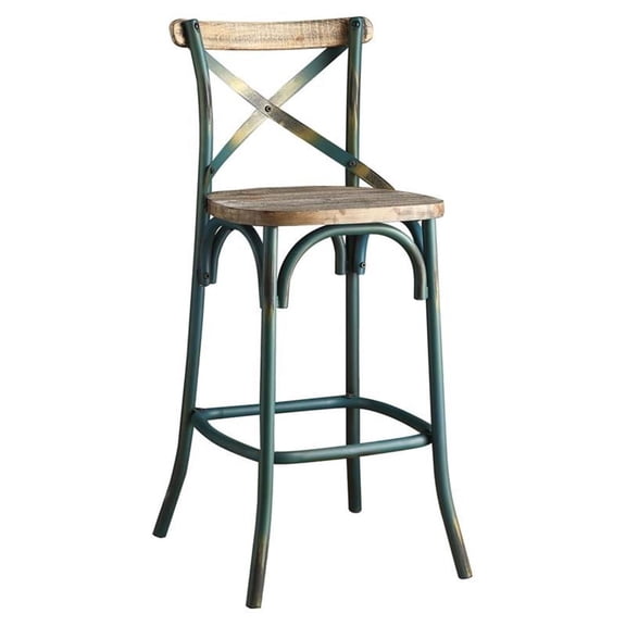 Pemberly Row Bar Stool with Wood Seat in Antique Turquoise and Antique Oak