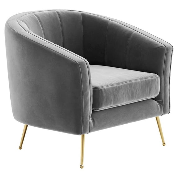 Pemberly Row Barrel Steel and Velvet Accent Chair with Gold Legs in Gray