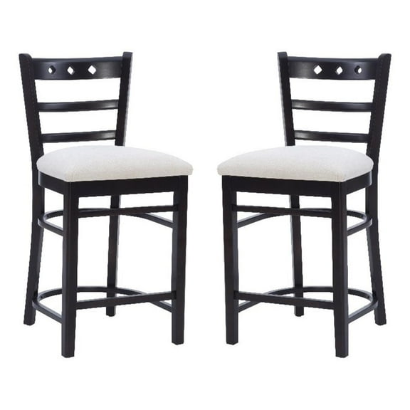 Pemberly Row Beechwood Set of 2 Padded Seat Ladder Back Counter Stools in Black