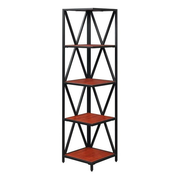 Pemberly Row Black Metal Five-Tier Corner Bookcase in Cherry Wood