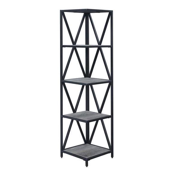 Pemberly Row Black Metal Five-Tier Corner Bookcase in Gray Wood