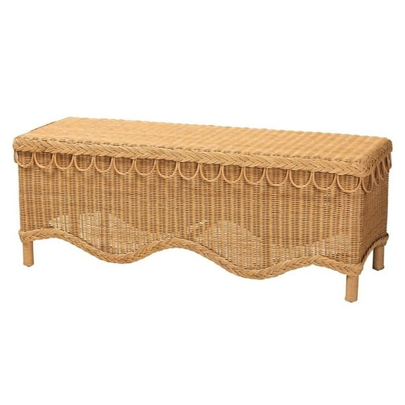 Pemberly Row Bohemian Light Honey Rattan Accent Bench with Scallop border