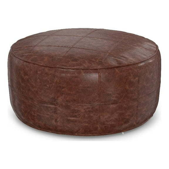 Pemberly Row Boho 34"Round Coffee Table Pouf in Distressed Brown Genuine Leather