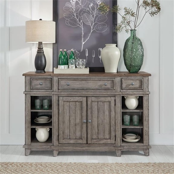 Pemberly Row Breakfront Server with Felt-Lined Drawers in Riverstone Gray