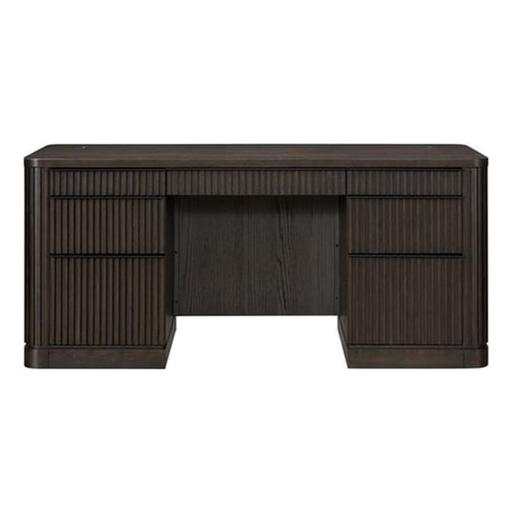 Pemberly Row Brown Executive Credenza with Fluted Tambour Detail & Power Center