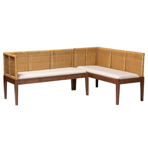 Pemberly Row Brown Rattan Acacia Wood 2-Piece Dining Nook Banquette Set
