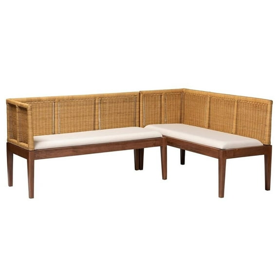 Pemberly Row Brown Rattan Acacia Wood 2-Piece Dining Nook Banquette Set