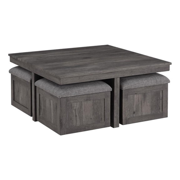 Pemberly Row Brown Rustic Wood Coffee Table with 4 Upholstered Storage Stools
