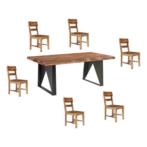 Pemberly Row Brown Solid Wood and Metal 7-Piece Dining Set with Table and Chairs