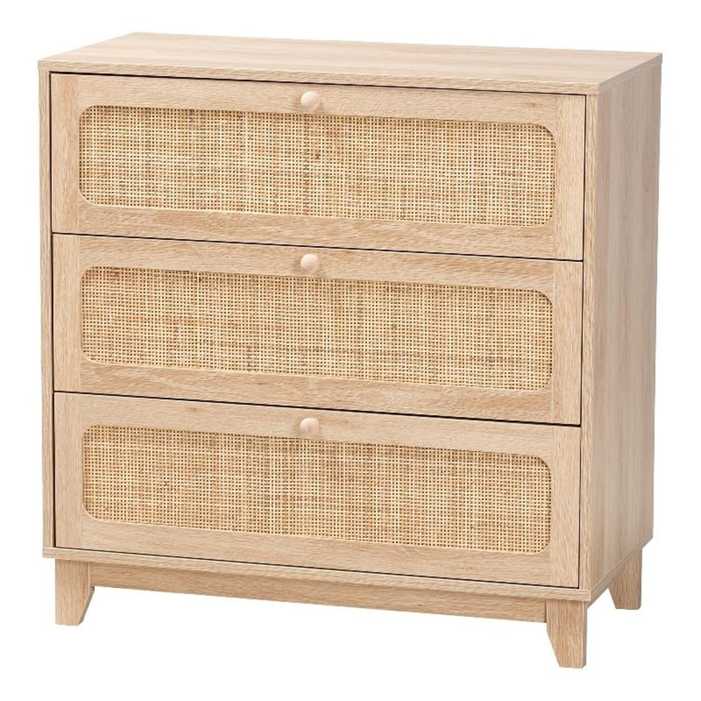 Japandi Light Brown Wood and Natural Rattan 3-Drawer Storage Cabinet