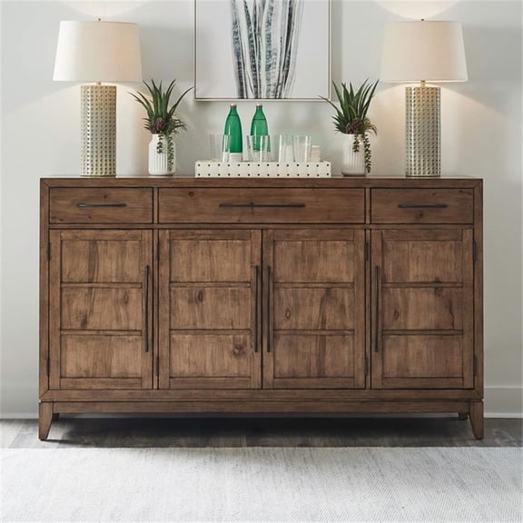 Pemberly Row Dining Buffet with Picture Frame Molding and 4 Doors in Brown