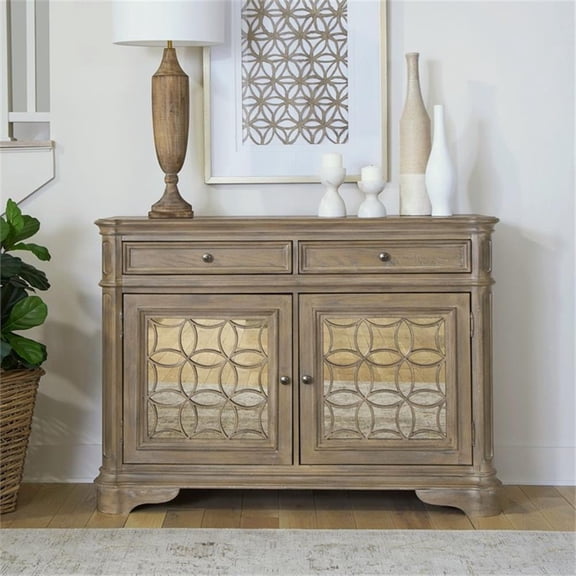 Pemberly Row Buffet with Antique Mirrored Doors and Grid Panel in Brown
