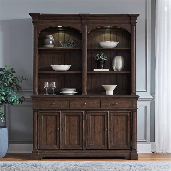 Pemberly Row Buffet and Hutch with LED Lighting in Satin Cherry