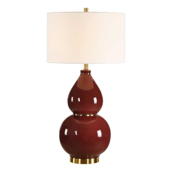 Pemberly Row Burgundy Glass and Metal Table Lamp with Linen Shade