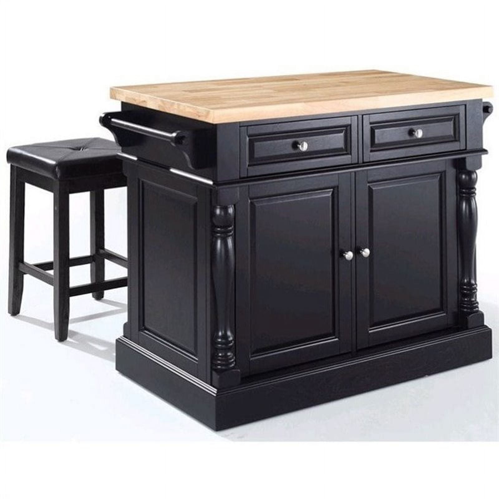 Pemberly Row Butcher Block Top Kitchen Island with Square Stools in ...