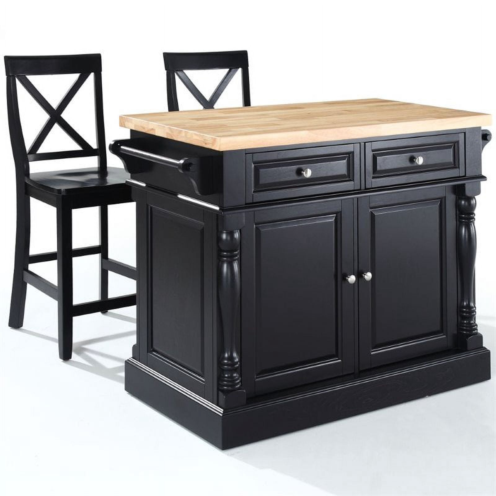 Pemberly Row Butcher Block Top Kitchen Island with Stools in Black ...