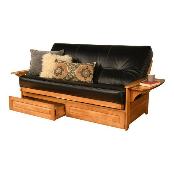 Pemberly Row Butternut Storage Futon and Black Faux Leather Mattress