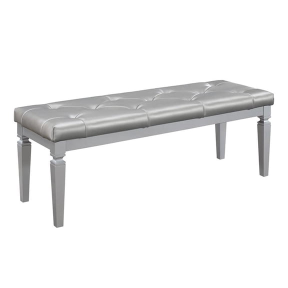Pemberly Row Button-Tufted Faux Leather Bed Bench in Silver Finish