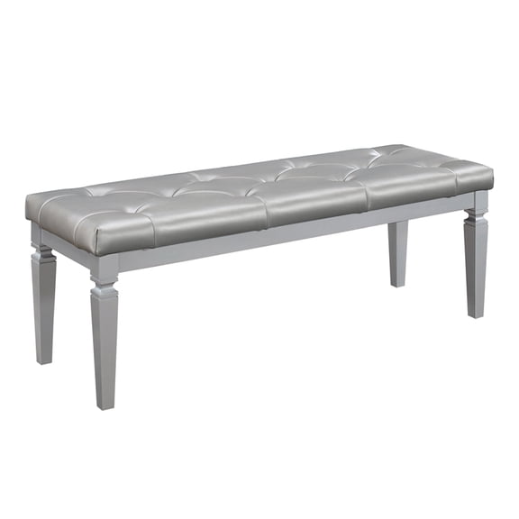 Pemberly Row Button-Tufted Faux Leather Bed Bench in Silver Finish