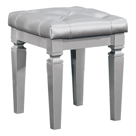Pemberly Row Button-Tufted Faux Leather Vanity Stool in Silver