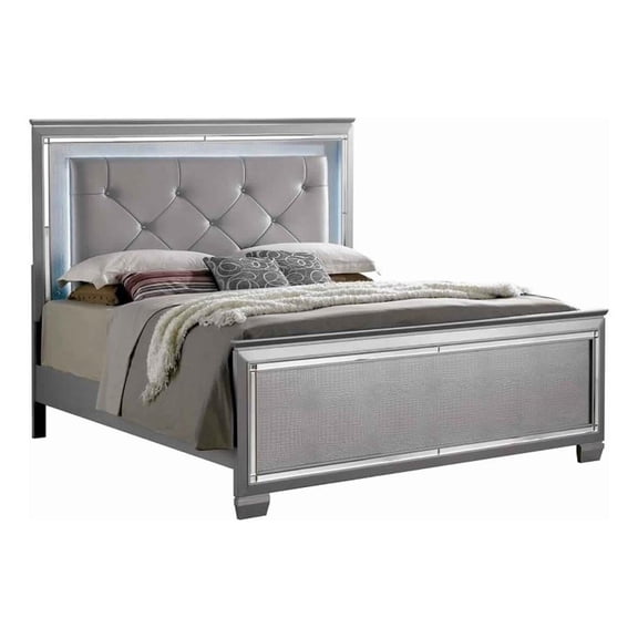 Pemberly Row California King Bed with LED Trim and Silver Accents in Beige